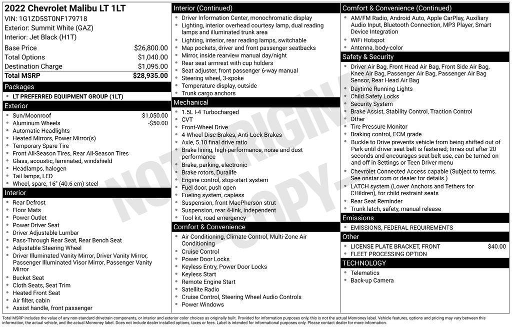 used 2022 Chevrolet Malibu car, priced at $20,000