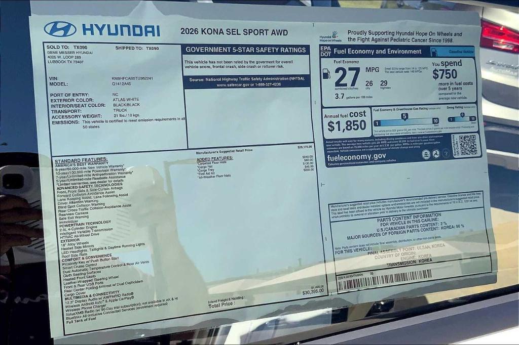 new 2026 Hyundai Kona car, priced at $24,924