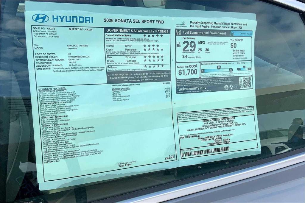 new 2026 Hyundai Sonata car, priced at $26,244