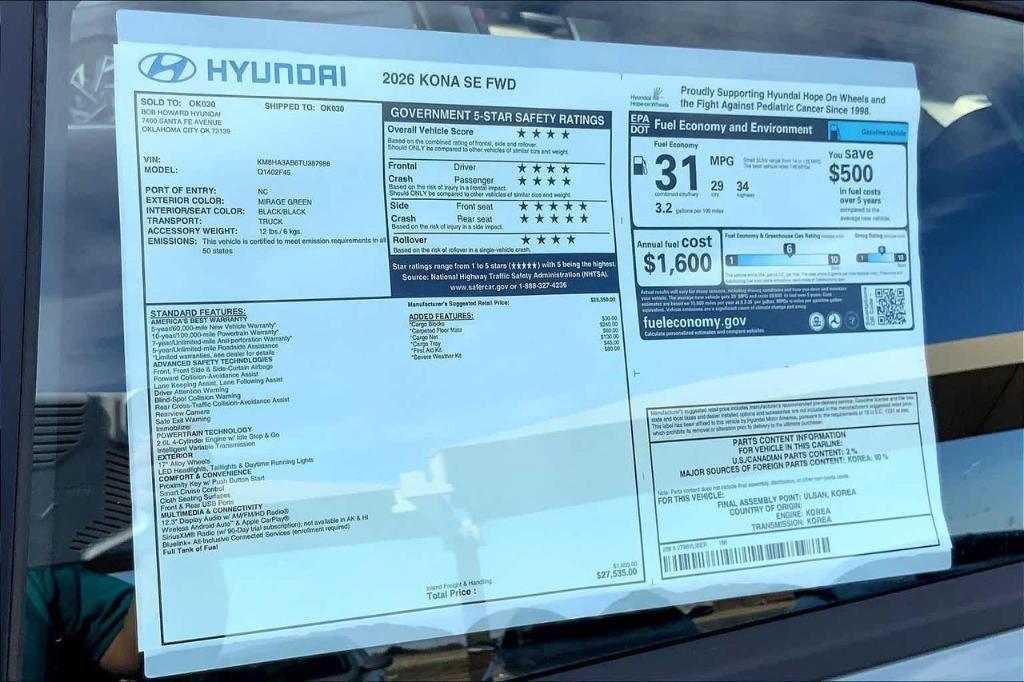 new 2026 Hyundai Kona car, priced at $22,579