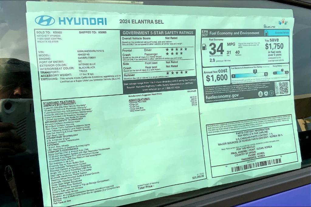 new 2024 Hyundai Elantra car, priced at $22,260