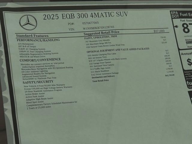 new 2025 Mercedes-Benz EQB 300 car, priced at $62,705