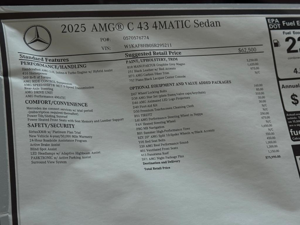 new 2025 Mercedes-Benz AMG C 43 car, priced at $75,990