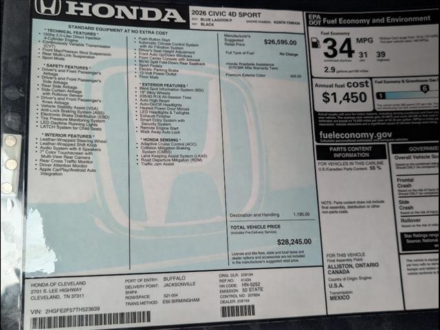 new 2026 Honda Civic car, priced at $28,245