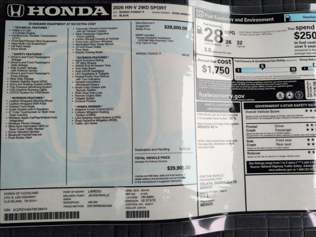 new 2026 Honda HR-V car, priced at $29,905