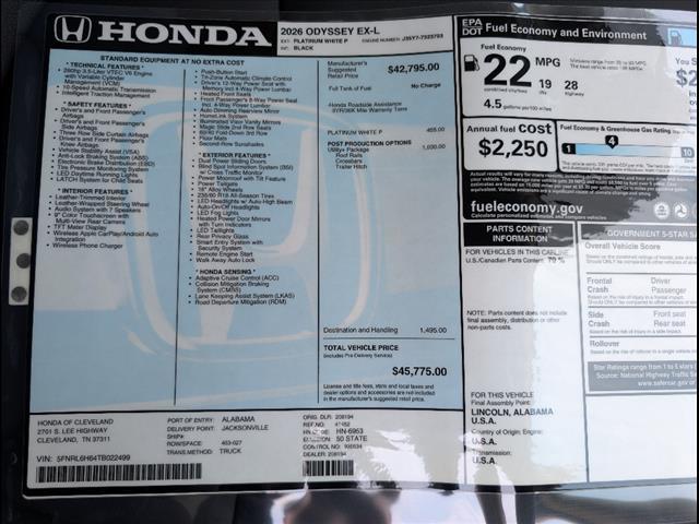 new 2026 Honda Odyssey car, priced at $45,775