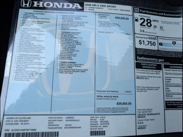 new 2026 Honda HR-V car, priced at $29,905