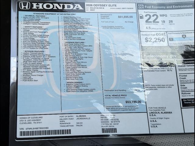 new 2026 Honda Odyssey car, priced at $53,190