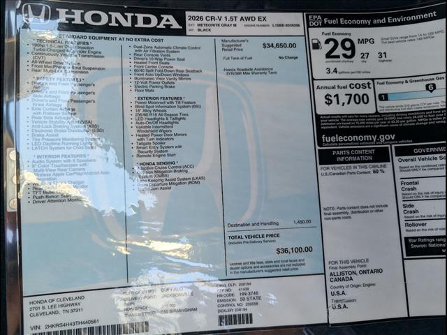 new 2026 Honda CR-V car, priced at $36,100