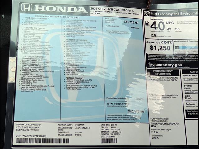 new 2026 Honda CR-V Hybrid car, priced at $40,175