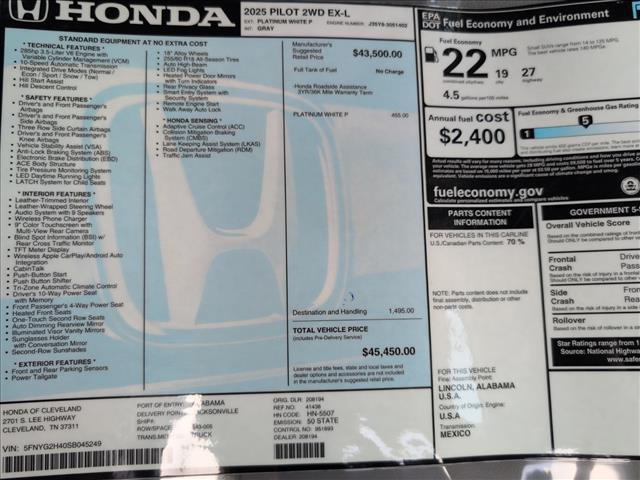 new 2025 Honda Pilot car, priced at $45,450