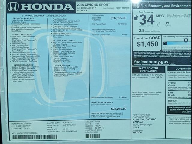 new 2026 Honda Civic car, priced at $28,245
