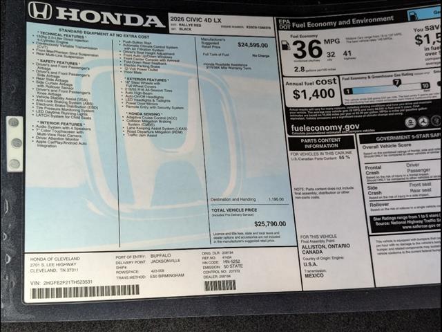 new 2026 Honda Civic car, priced at $25,790