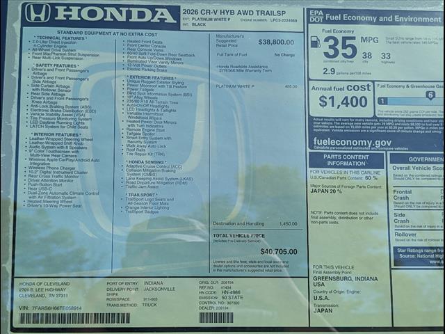 new 2026 Honda CR-V Hybrid car, priced at $40,705
