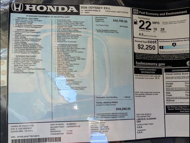new 2026 Honda Odyssey car, priced at $44,290