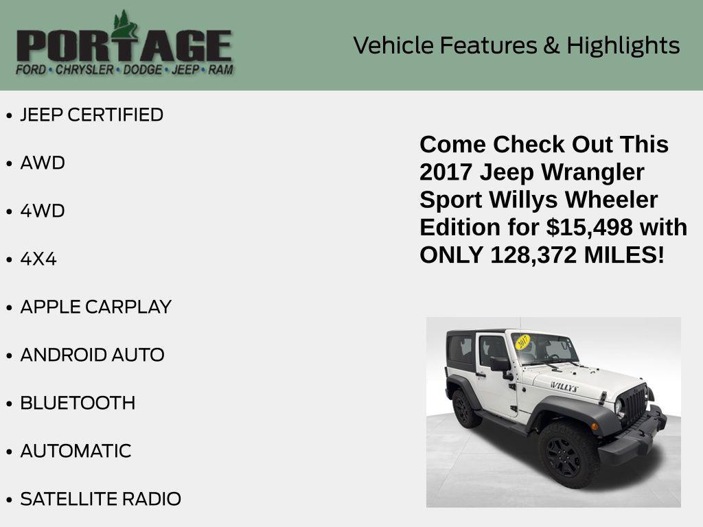 used 2017 Jeep Wrangler car, priced at $15,498