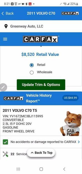 used 2011 Volvo C70 car, priced at $7,250