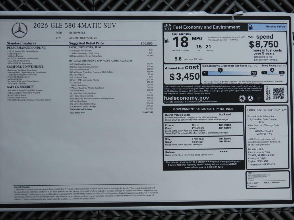 new 2026 Mercedes-Benz GLE 580 car, priced at $100,075