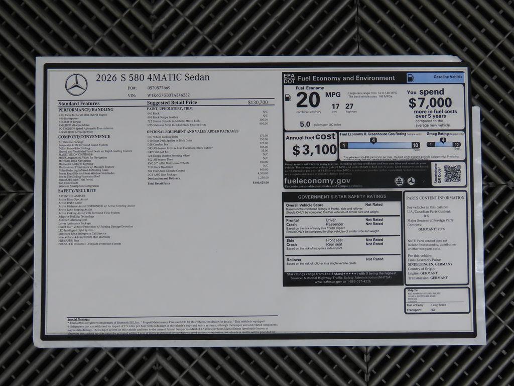 new 2026 Mercedes-Benz S-Class car, priced at $140,425