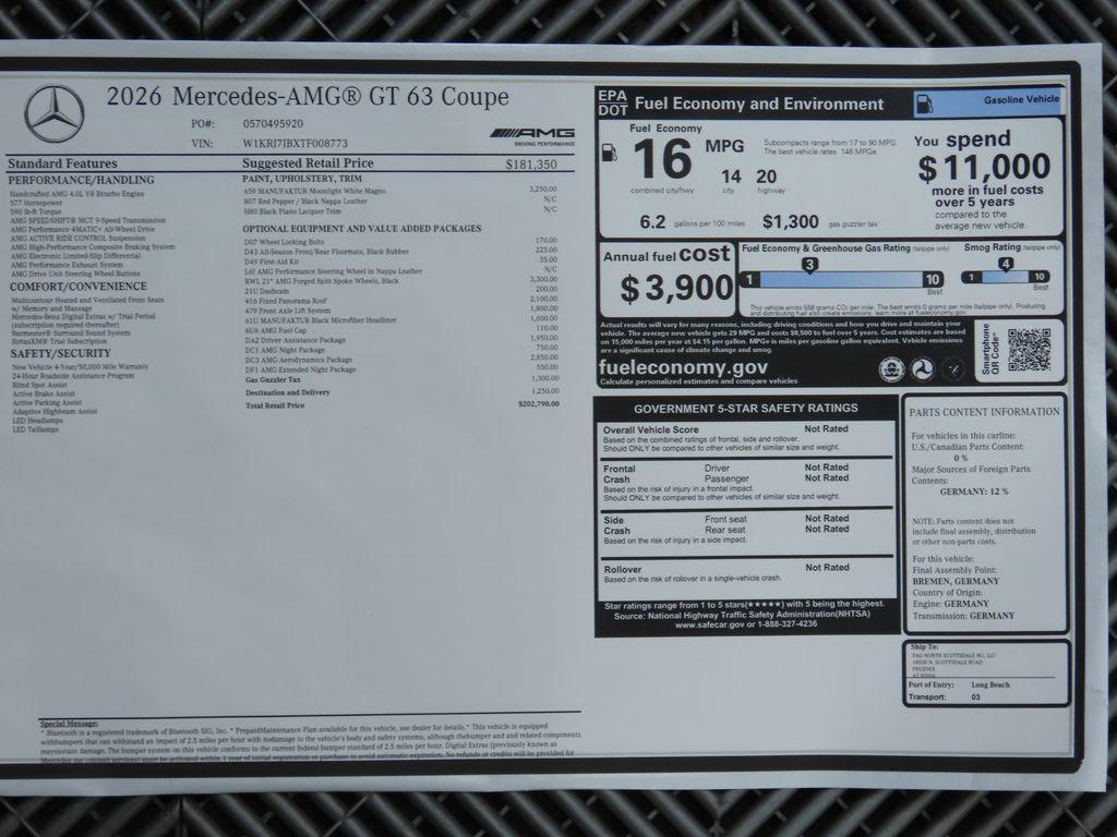 new 2026 Mercedes-Benz AMG GT 63 car, priced at $202,790