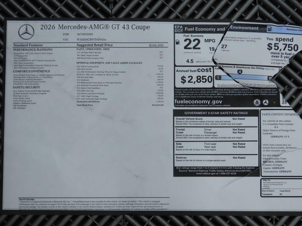new 2026 Mercedes-Benz AMG GT 43 car, priced at $114,415