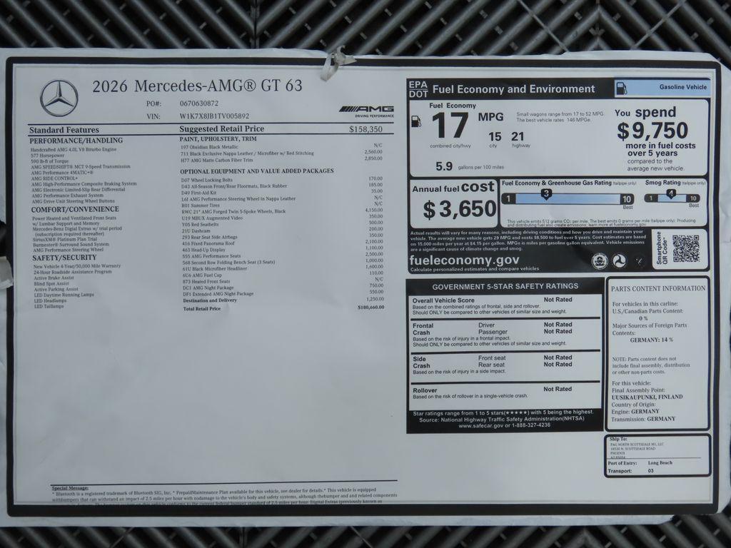 new 2026 Mercedes-Benz AMG GT 63 car, priced at $180,660