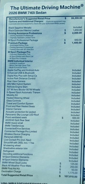 new 2026 BMW 740 car, priced at $107,610