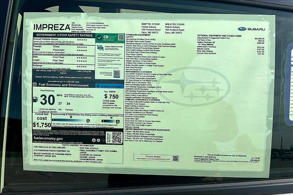 new 2025 Subaru Impreza car, priced at $26,669