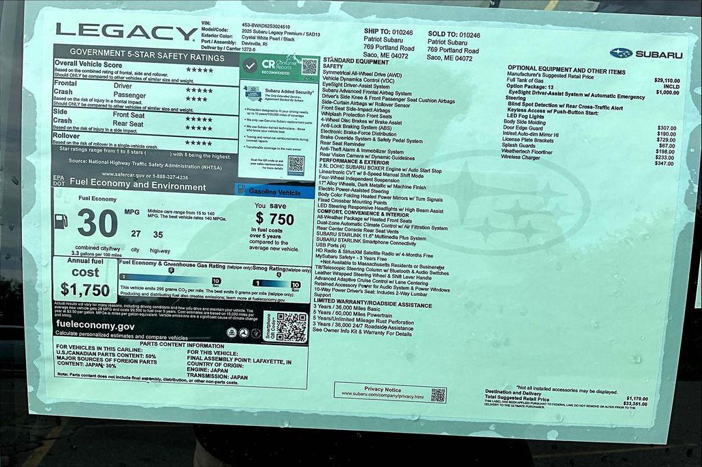 new 2025 Subaru Legacy car, priced at $33,351