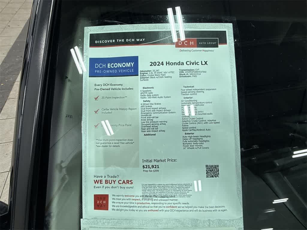 used 2024 Honda Civic car, priced at $22,145