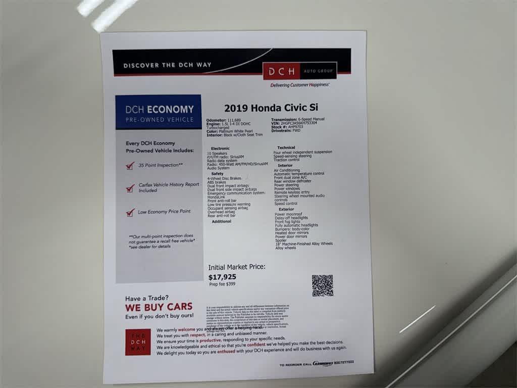used 2019 Honda Civic Si car, priced at $17,925