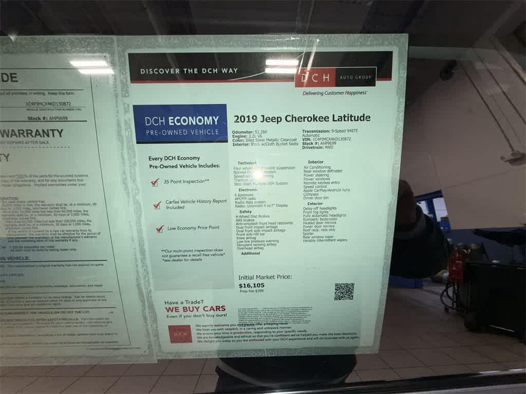 used 2019 Jeep Cherokee car, priced at $16,105