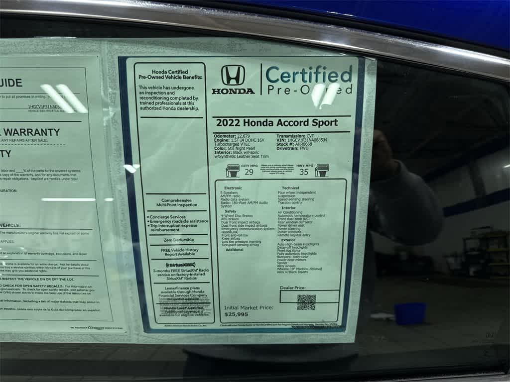 used 2022 Honda Accord car, priced at $25,625