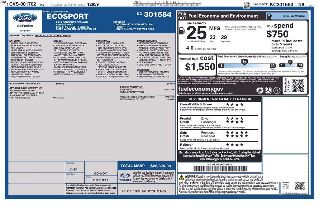 used 2019 Ford EcoSport car, priced at $16,578