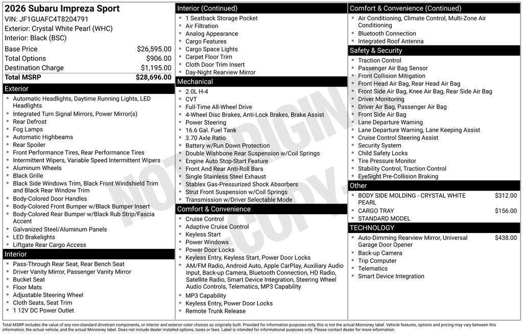new 2026 Subaru Impreza car, priced at $28,696