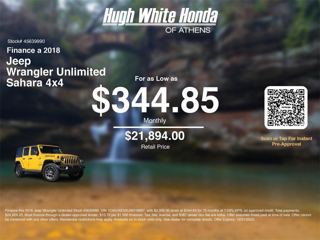 used 2018 Jeep Wrangler Unlimited car, priced at $21,894