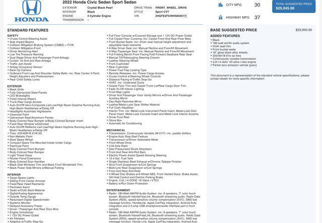 used 2022 Honda Civic car, priced at $23,345