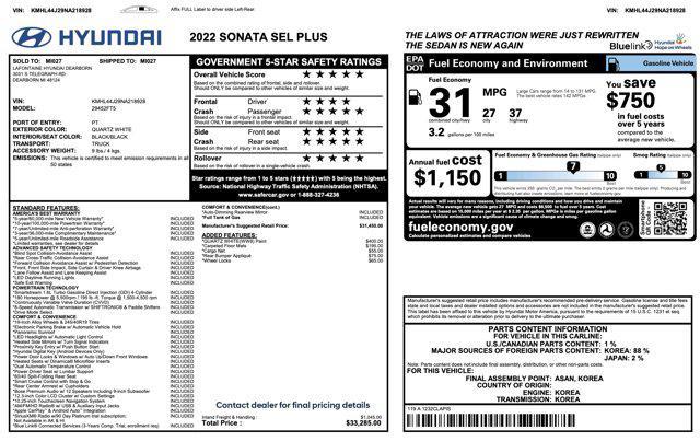 used 2022 Hyundai Sonata car, priced at $22,545