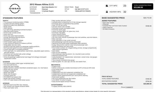 used 2012 Nissan Altima car, priced at $6,500