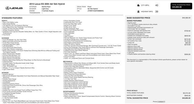 used 2015 Lexus ES 300h car, priced at $14,100