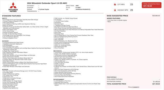used 2024 Mitsubishi Outlander Sport car, priced at $18,500