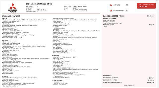 used 2024 Mitsubishi Mirage G4 car, priced at $11,900