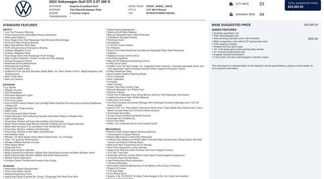 used 2024 Volkswagen Golf GTI car, priced at $30,545