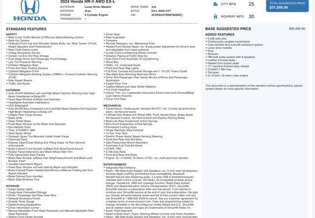 used 2024 Honda HR-V car, priced at $27,500