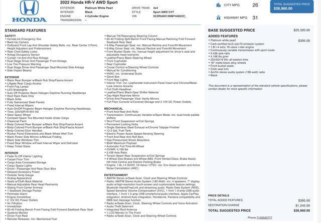 used 2022 Honda HR-V car, priced at $20,200