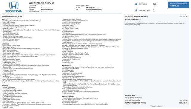 used 2022 Honda HR-V car, priced at $20,500