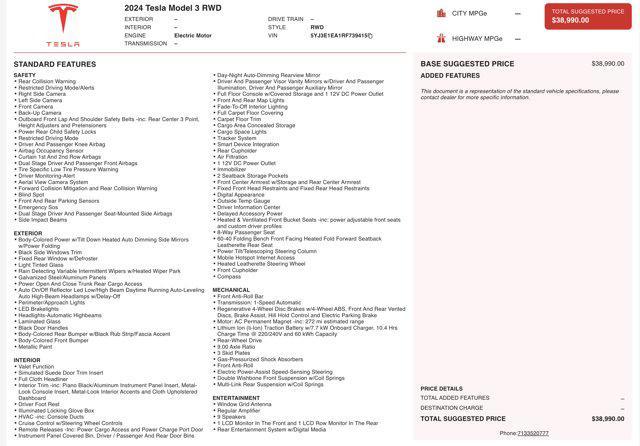 used 2024 Tesla Model 3 car, priced at $33,100