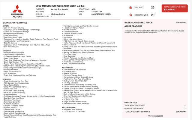 used 2020 Mitsubishi Outlander Sport car, priced at $13,045