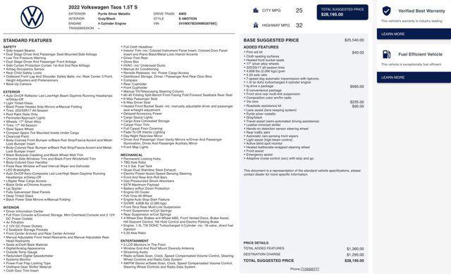 used 2022 Volkswagen Taos car, priced at $19,545