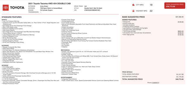 used 2021 Toyota Tacoma car, priced at $33,400